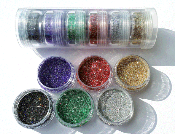 Magical Holographic Glitter Tube Set laid out so you can see the contents of the jars