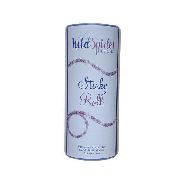One roll of double sided adhesive Sticky Roll standing up on a white background