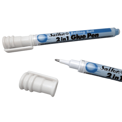 Sailor 2 in 1 glue pen for crafts. 2 pens, one with the lid off, exposing the nib.